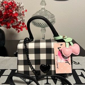 Betsey Johnson Mini Evie Black Plaid Crossbody with Pink Charm NWT